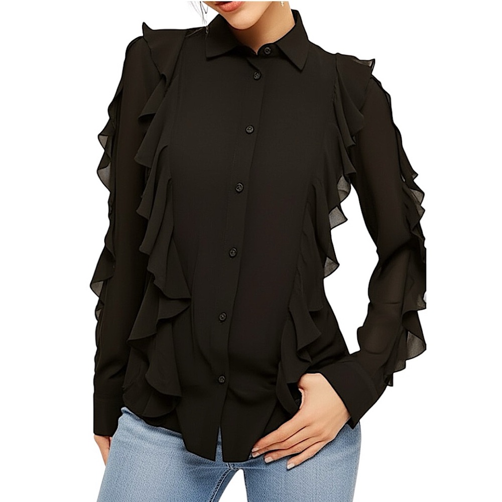 Who What Wear Frill Ruffle Drape Long Sleeve Button Down Shirt Black Whimsigoth